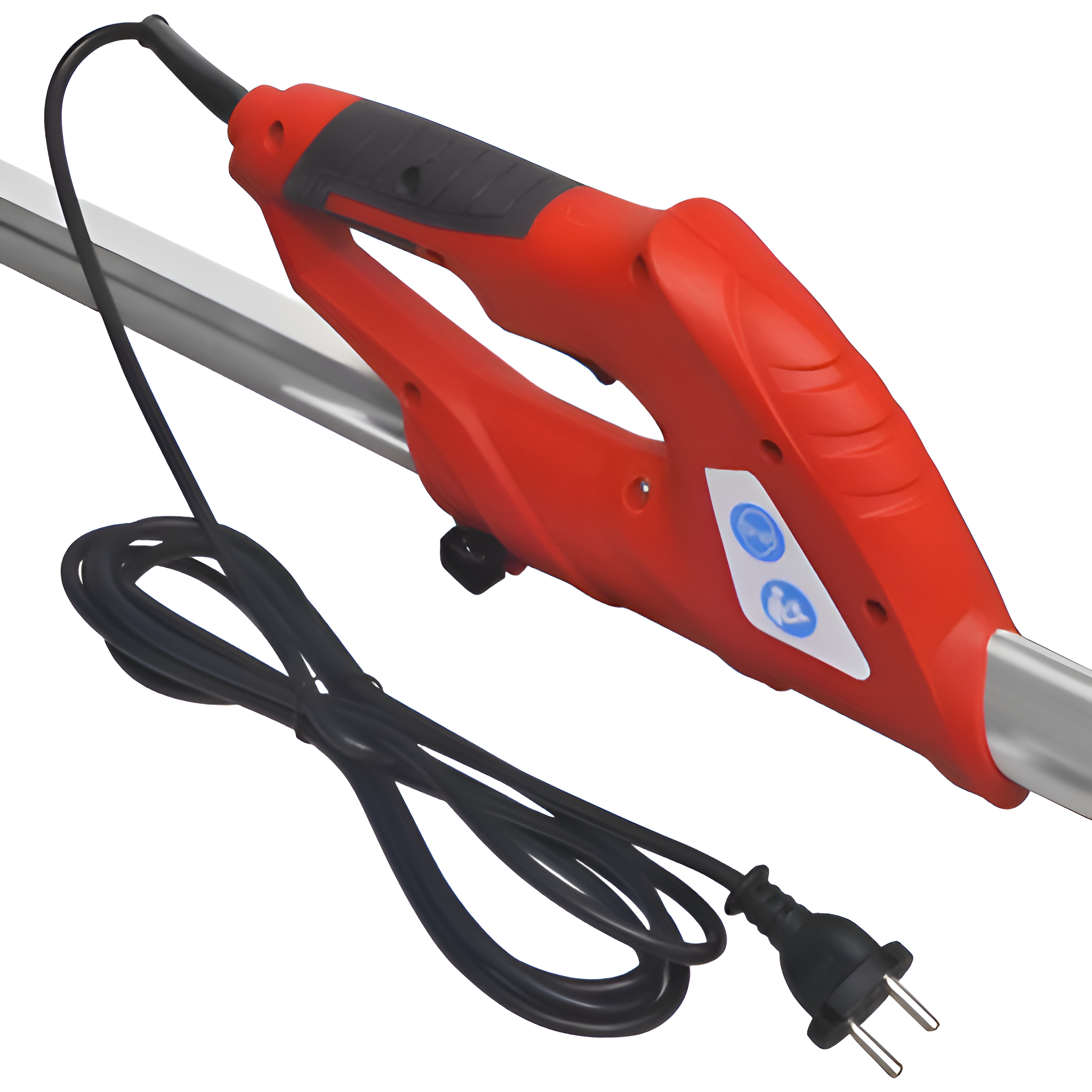 Ein roter elektrischer Rasentrimmer mit schwarzem Kabel und Stecker. Es befindet sich auf weißem Hintergrund.