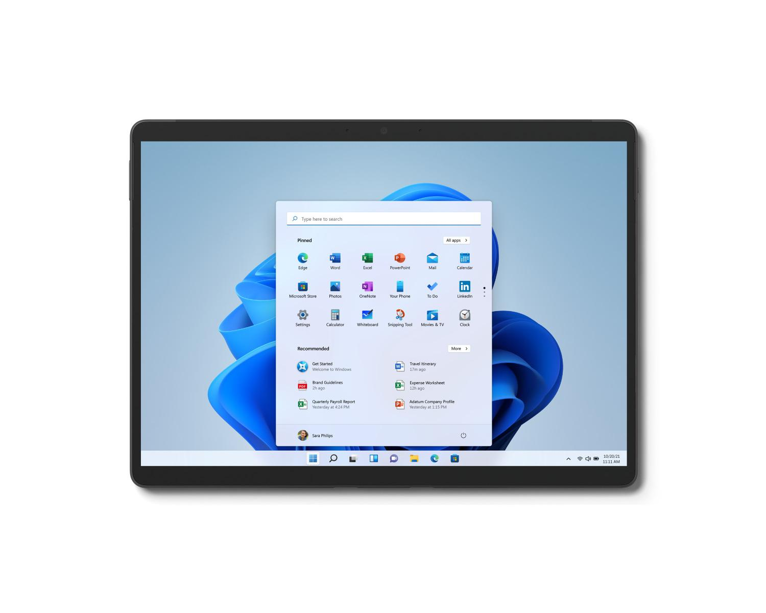Tablet zeigt Windows-Startbildschirm mit App-Symbolen und Suchleiste. Der Bildschirm ist eingeschaltet.