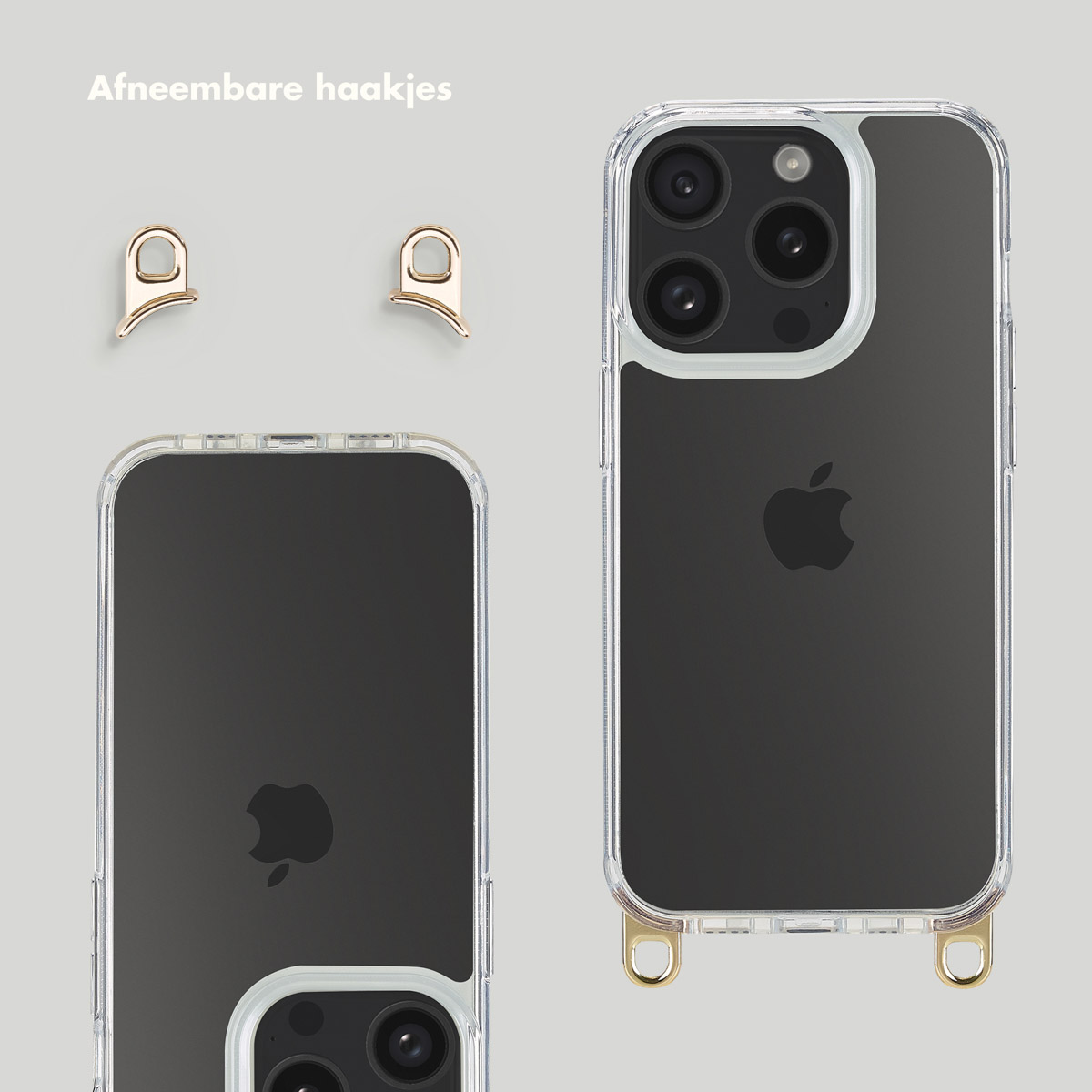 Una custodia trasparente per telefono con ganci dorati e un telefono all'interno.