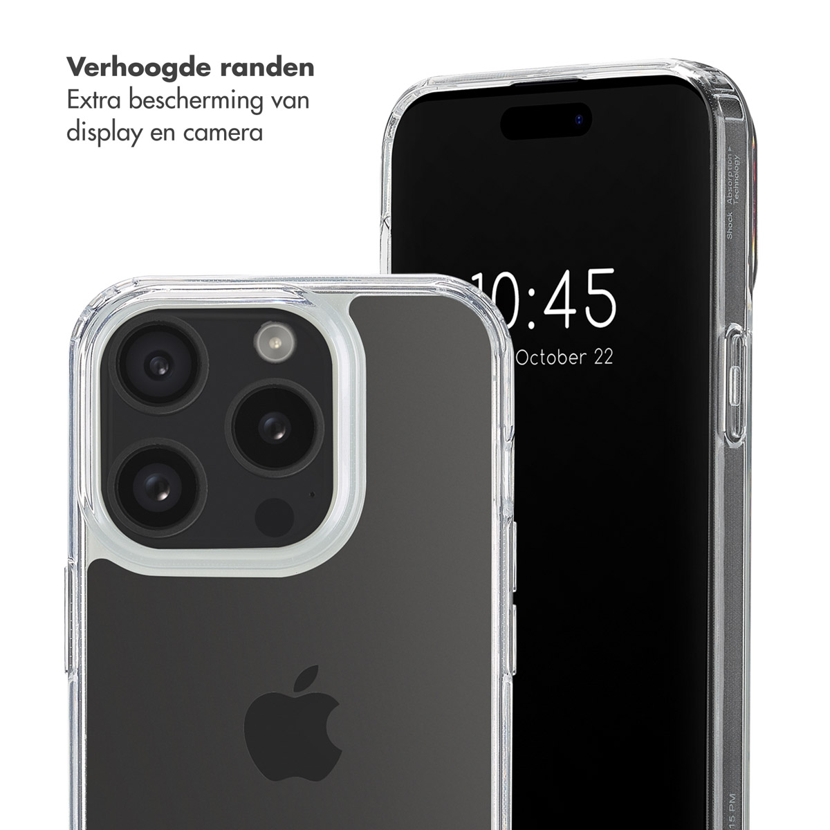 Un telefono protetto da una custodia trasparente, con il testo "Verhoogde randen" visibile.