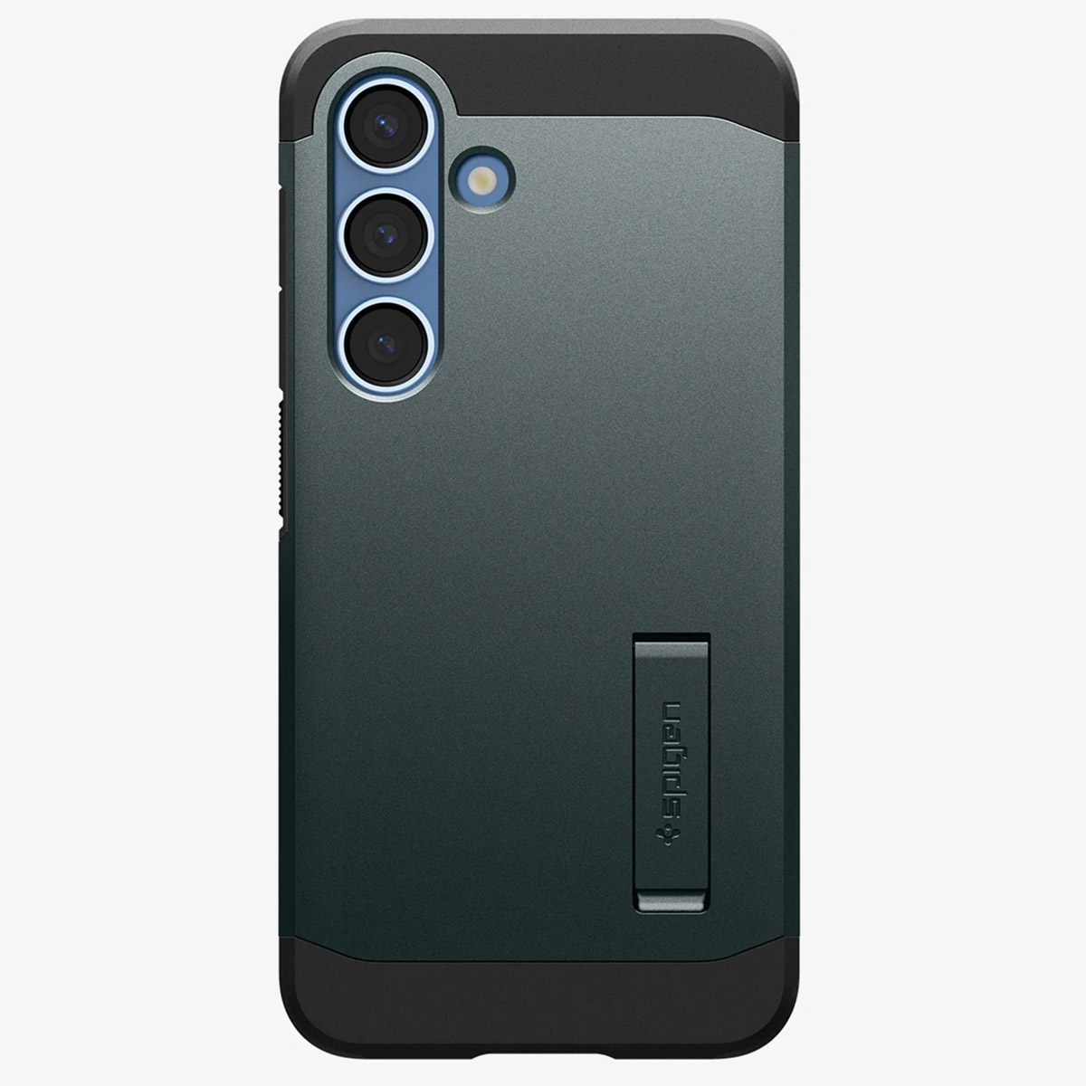 Custodia per telefono grigio scuro con supporto, tre lenti e un logo.