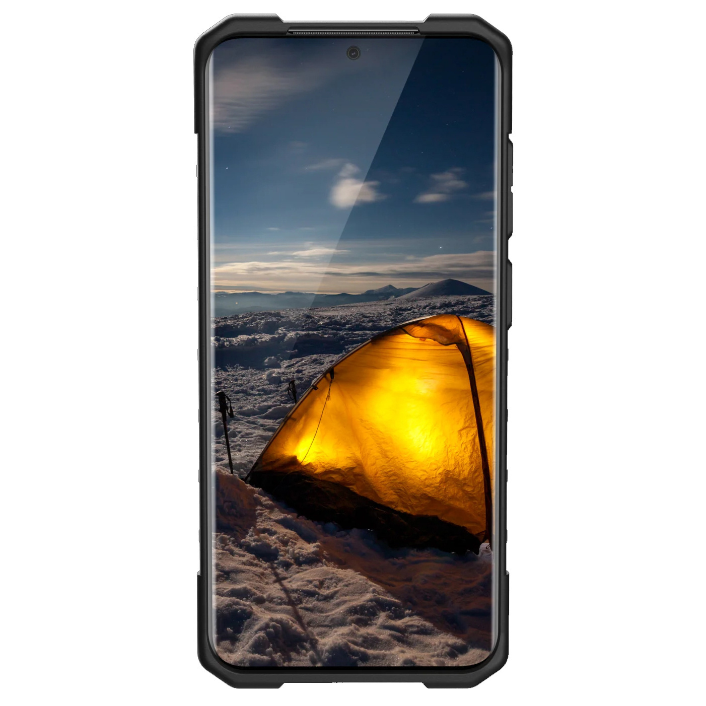 Telefon in einer Hülle, die eine Berglandschaft und ein Zelt zeigt. Die Hülle ist schwarz.