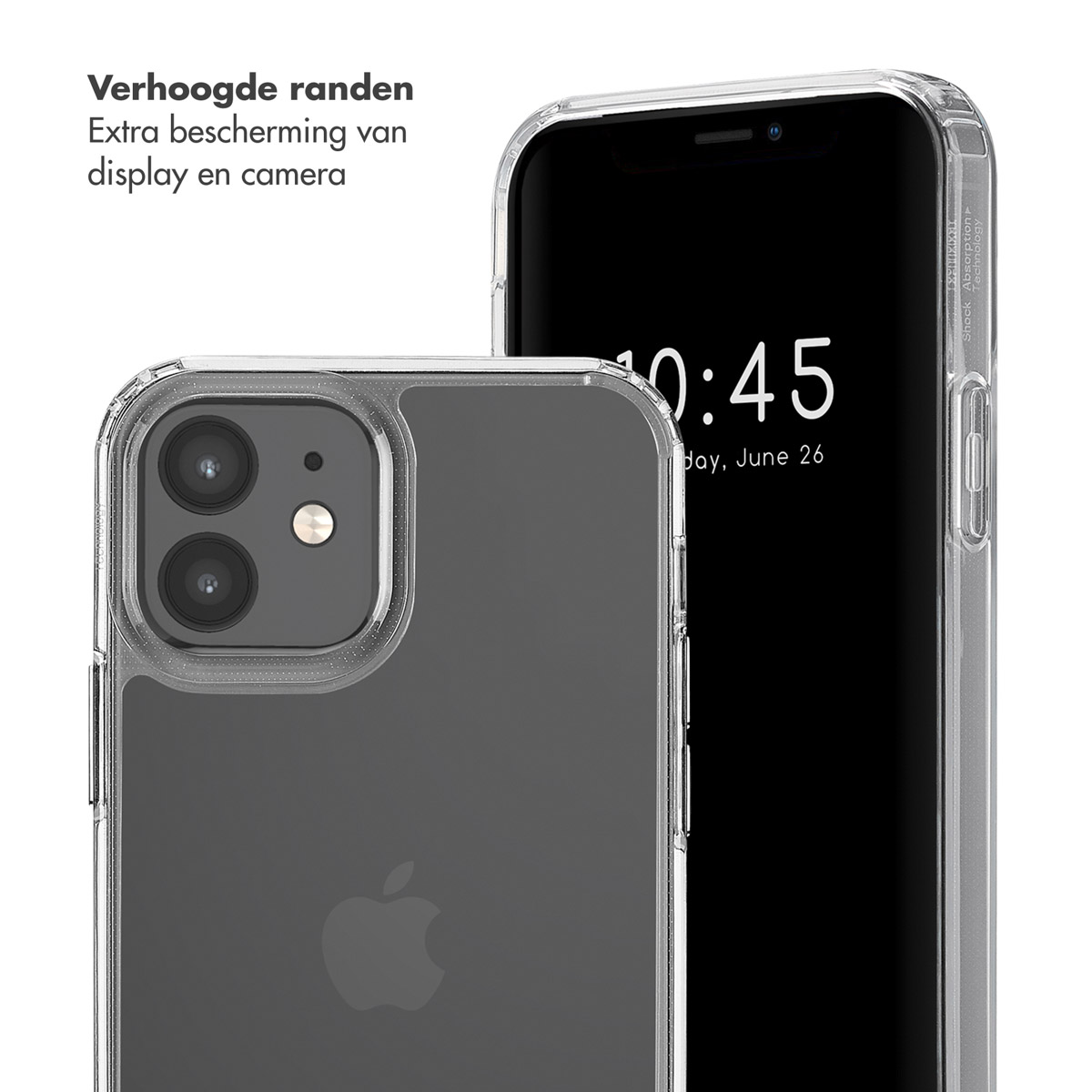 Twee doorzichtige telefoonhoesjes op een witte achtergrond. De ene boven de andere.