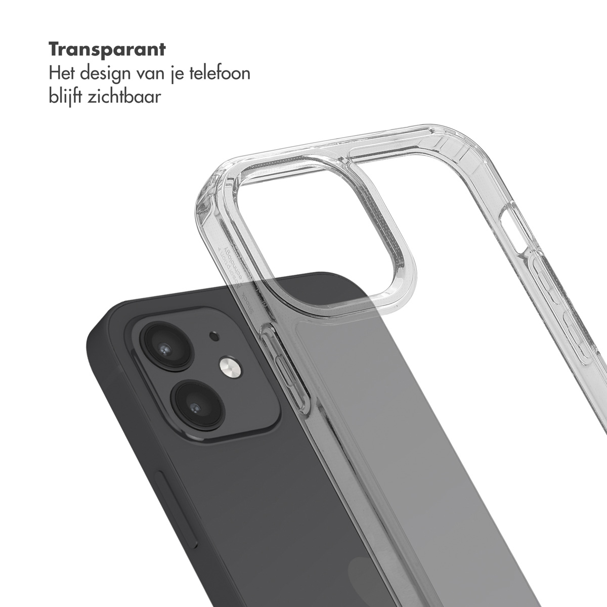 Transparante telefoonhoes over een zwarte telefoon. Het ontwerp is zichtbaar.