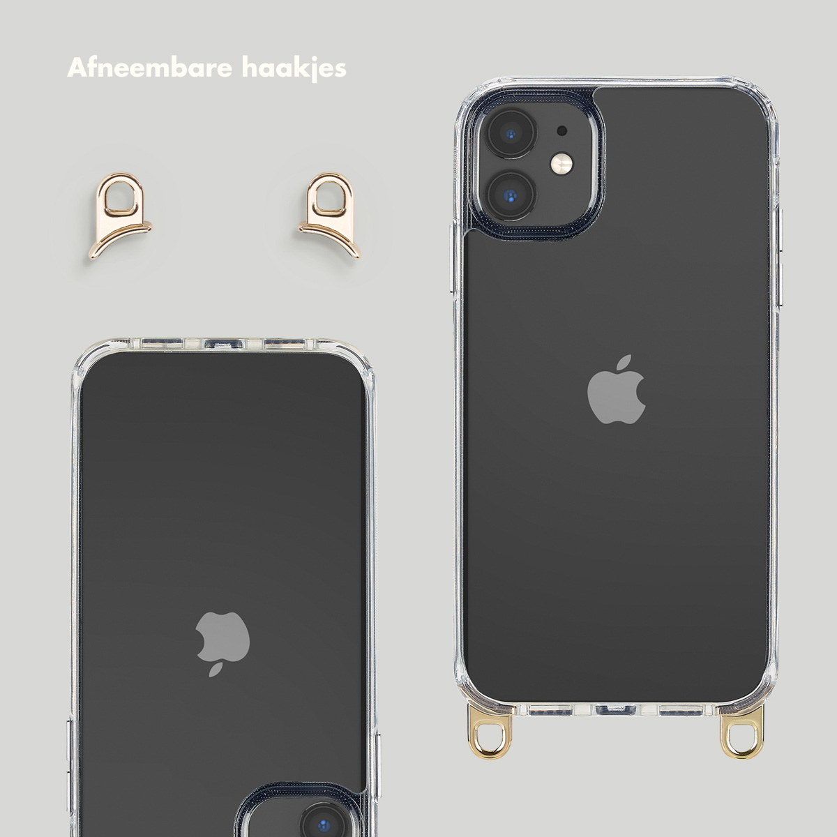 Deux coques de téléphone avec des crochets amovibles pour un téléphone avec le logo Apple.