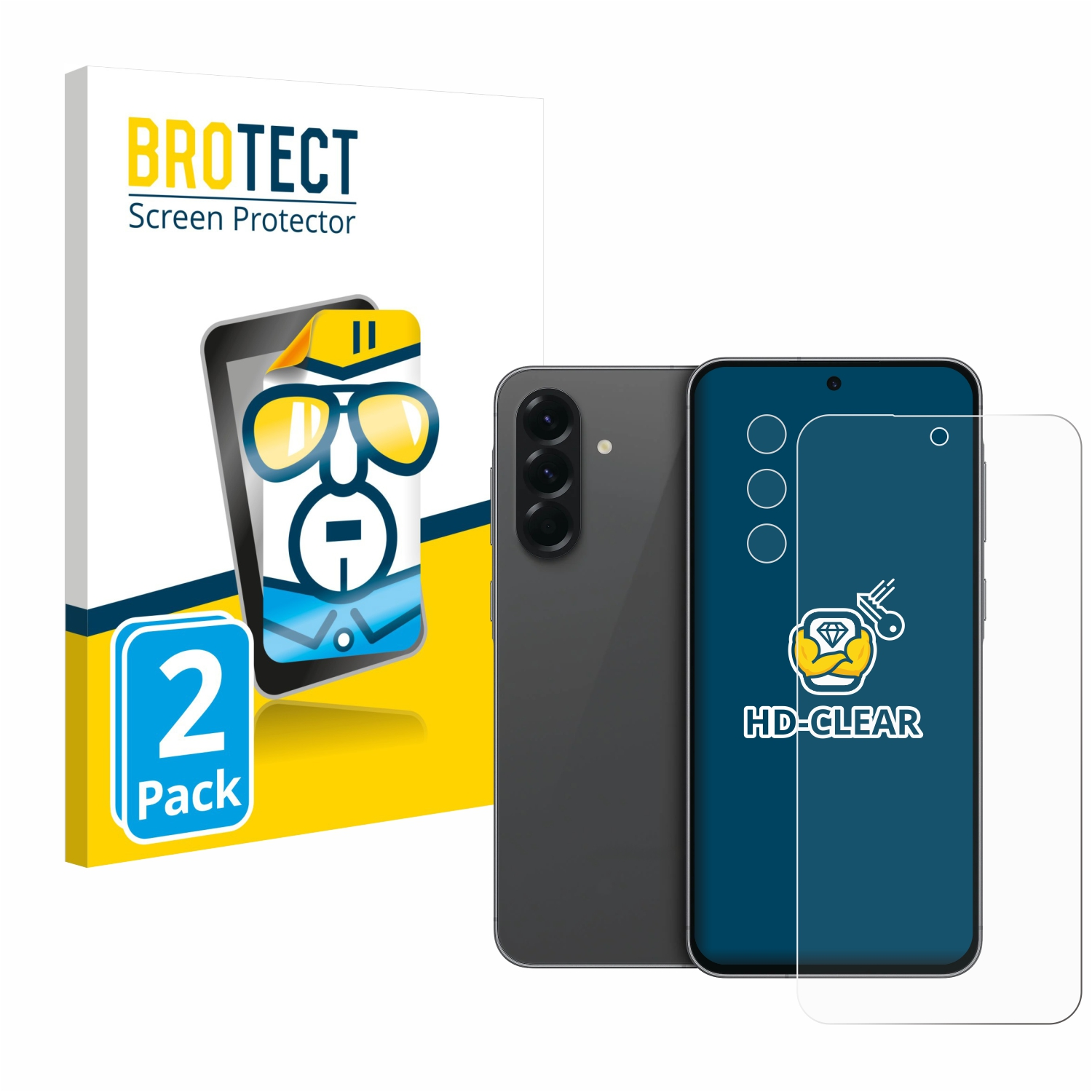 Telefon und Displayschutzfolienverpackung. Telefon ist dunkelgrau, Displayschutzfolie ist klar, auf Weiß.