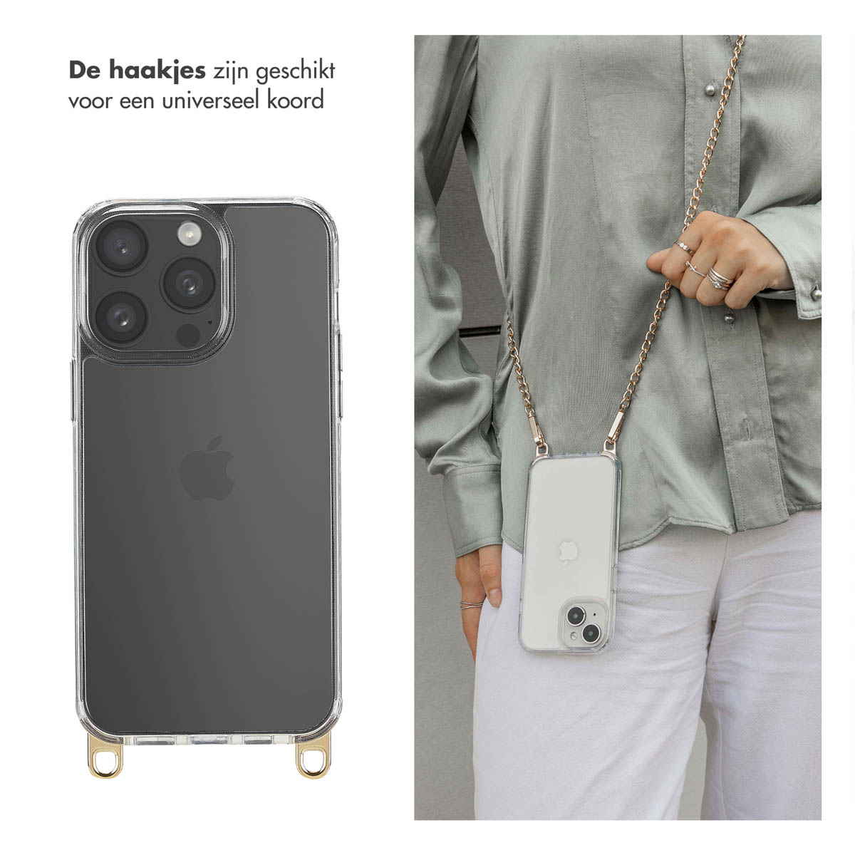 iPhone in una custodia trasparente con una catena dorata. Una persona tiene in mano il telefono.