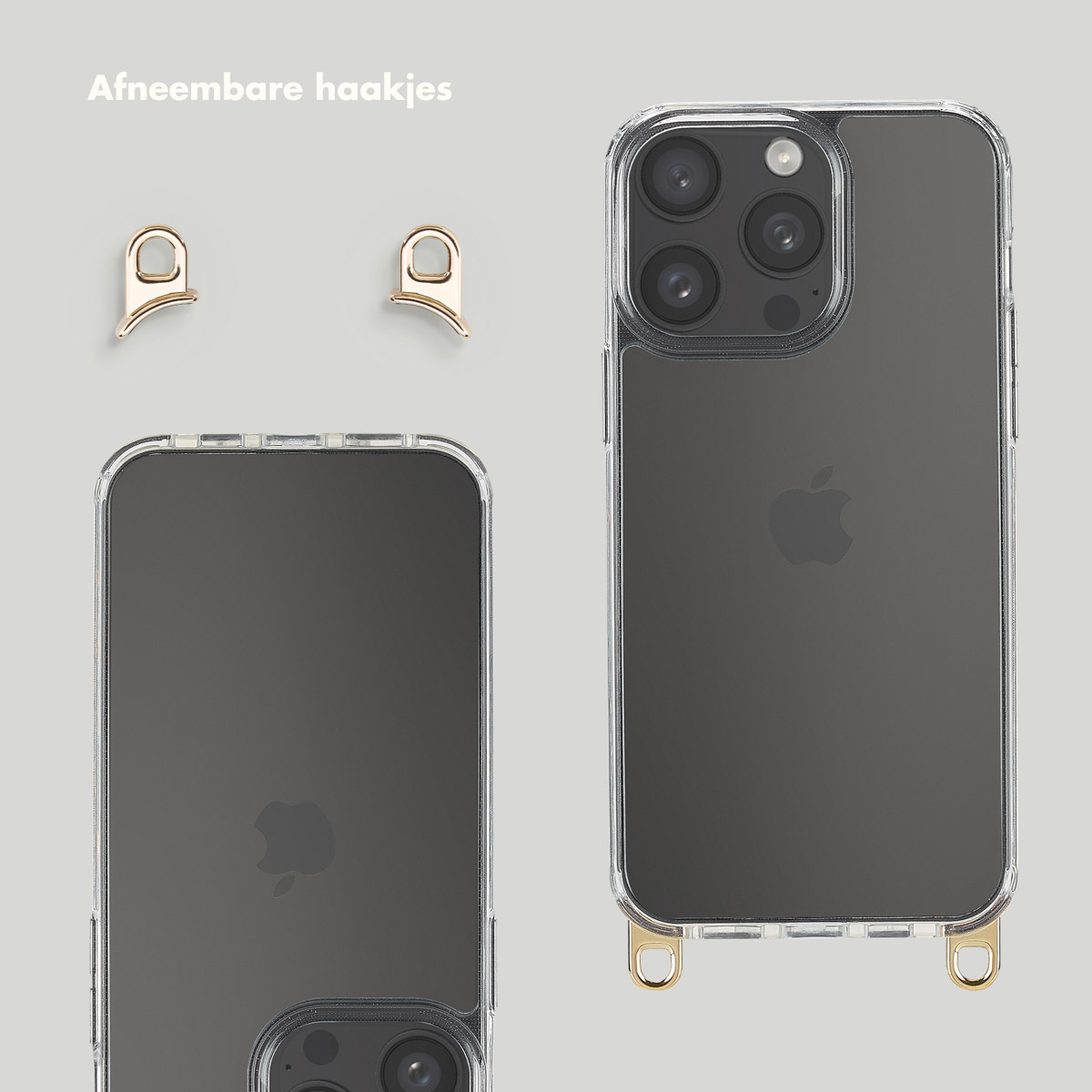 Due custodie trasparenti per telefono. Ganci dorati rimovibili sopra le custodie. Logo Apple visibile.