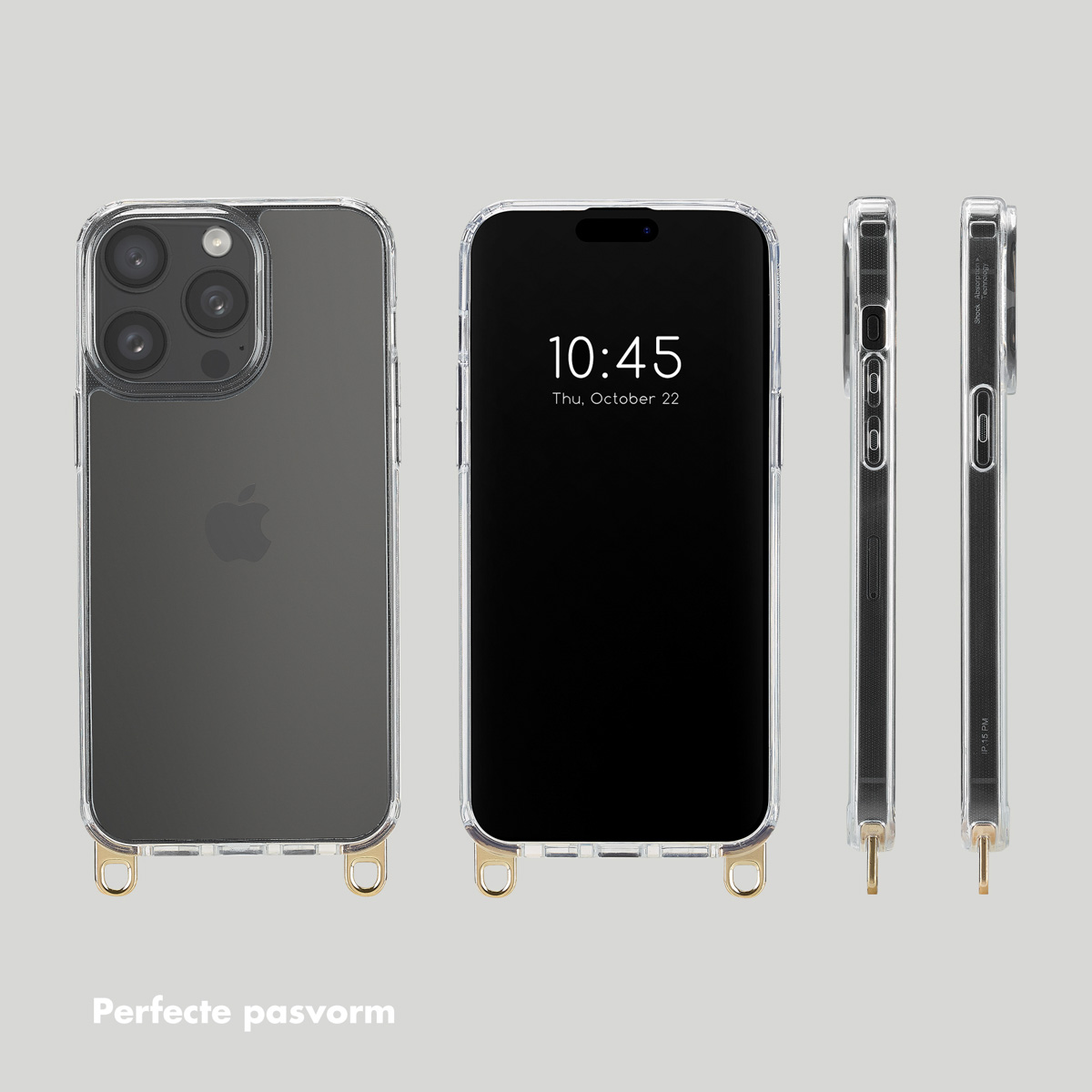 Una custodia trasparente per telefono con un iPhone all'interno, che mostra la parte anteriore, posteriore e laterale.