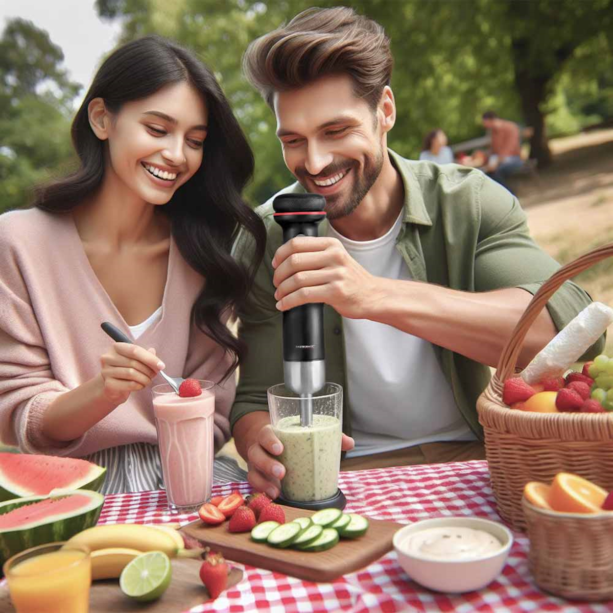 Ein Paar benutzt einen Mixer, um einen Smoothie zuzubereiten. Früchte und ein Korb sind auf dem Tisch.