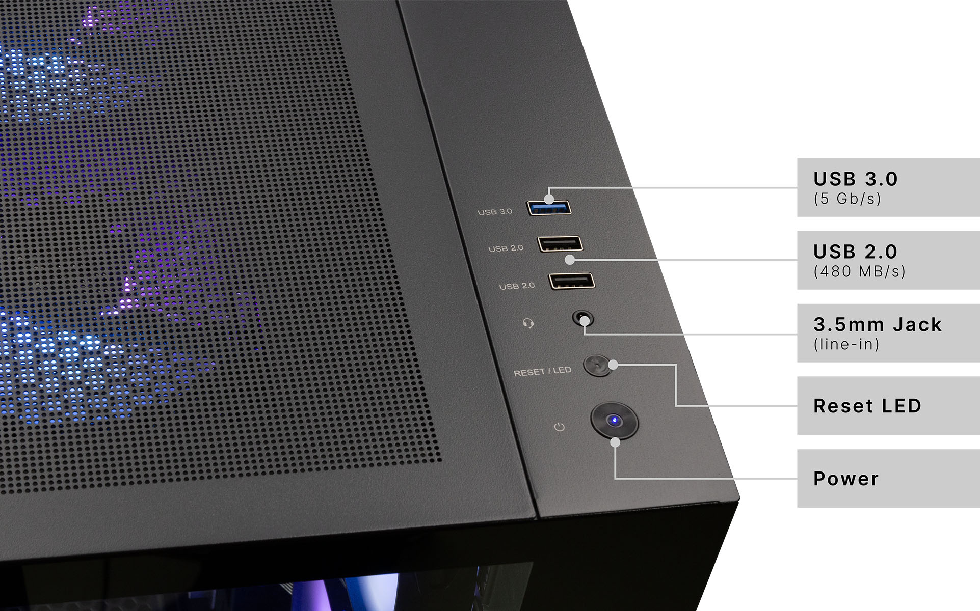 Zbliżenie obudowy komputera. Pokazuje porty USB, gniazdo 3,5 mm, przyciski reset i zasilania oraz panel z siatki.