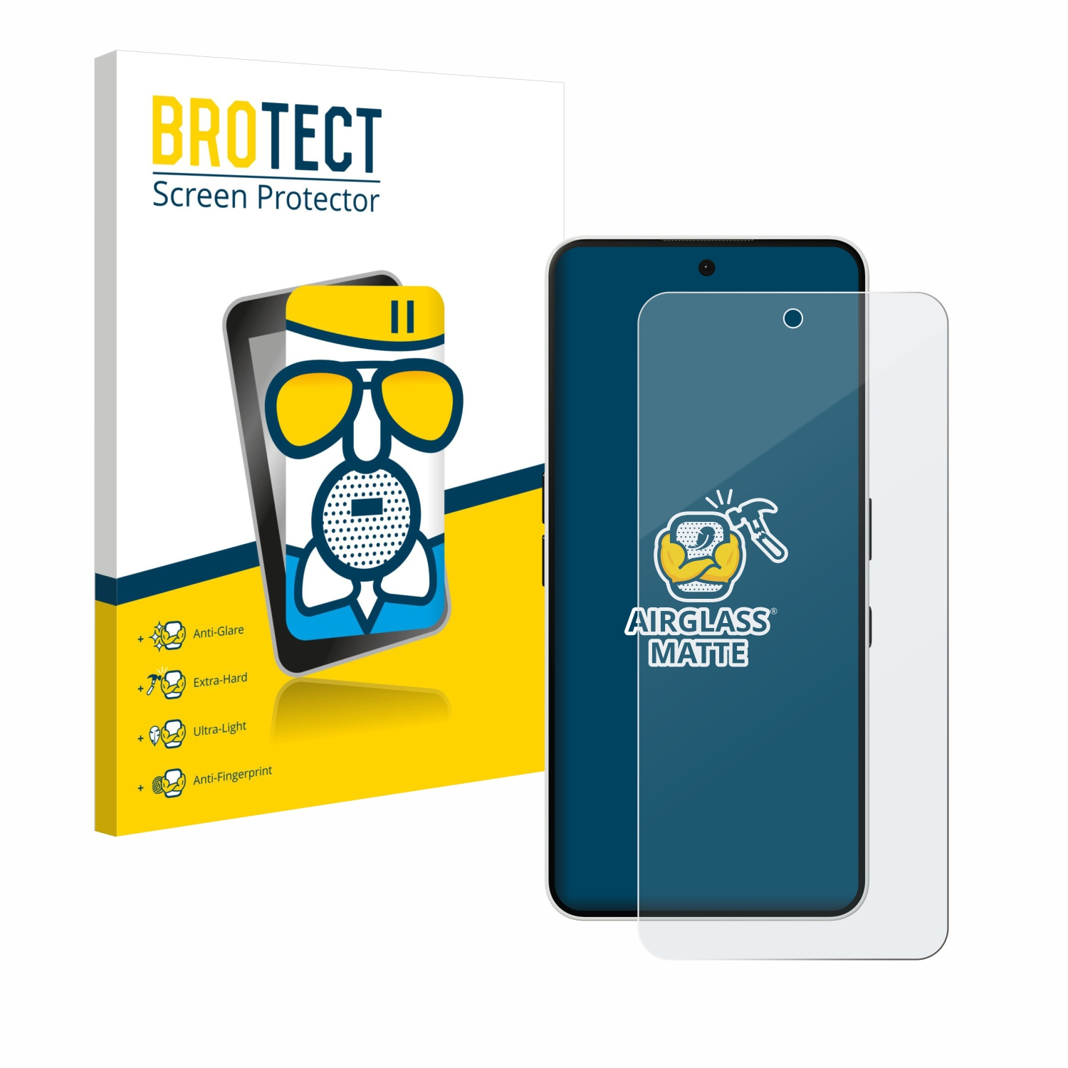 Smartphone mit Displayschutz und Box, beide auf weißem Hintergrund.