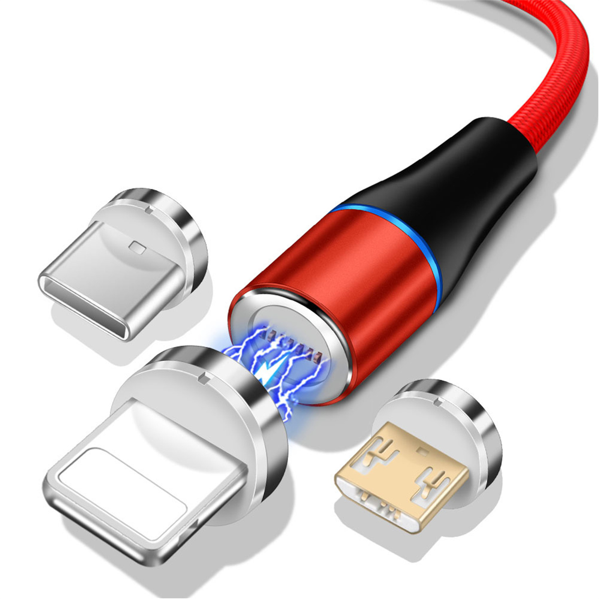 Magnetisches Ladekabel mit drei verschiedenen Ladespitzen: Typ-C, Lightning und Micro-USB.