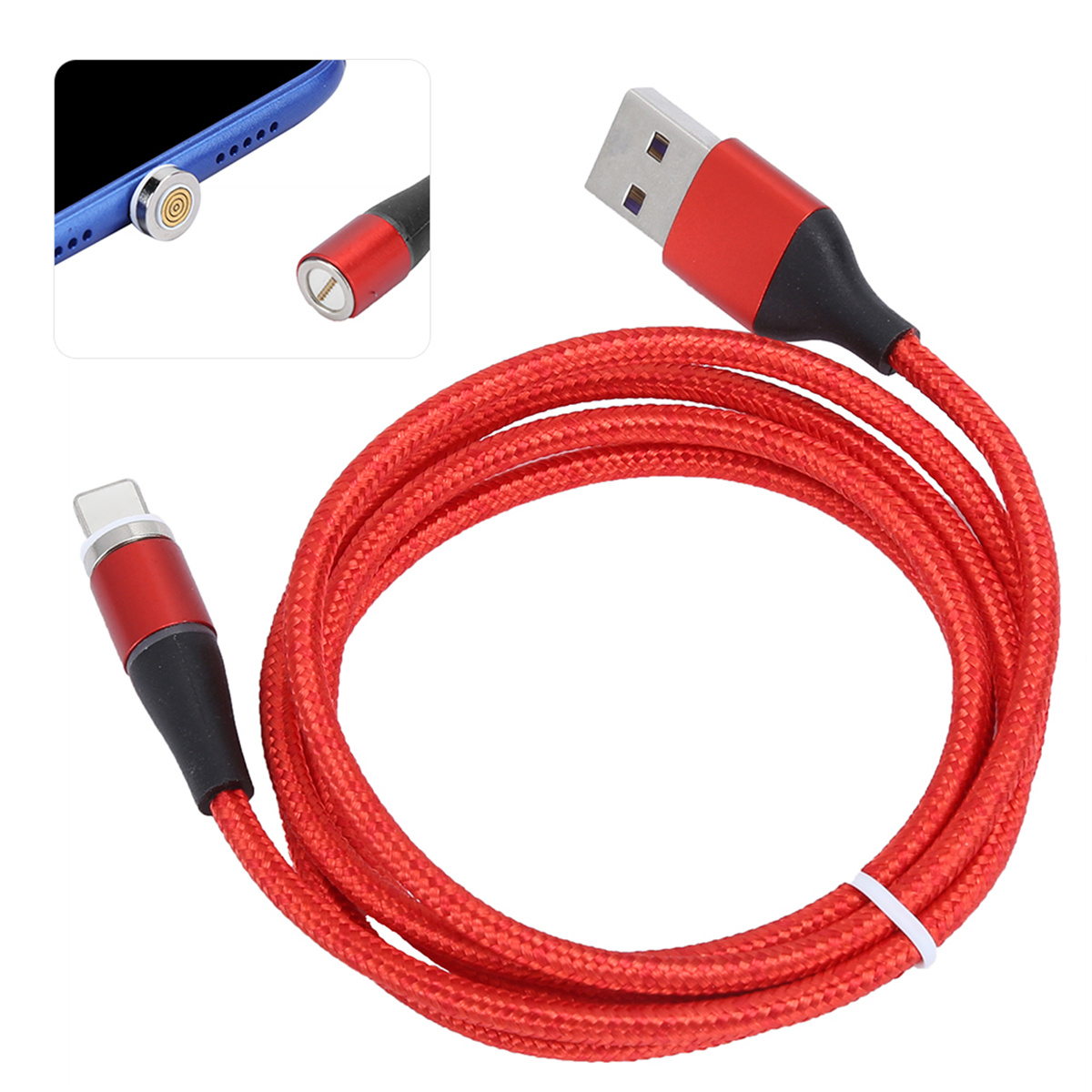 Rotes USB-Ladekabel mit USB-A- und Lightning-Anschluss. Telefoneinsätze zeigen die Verwendung.