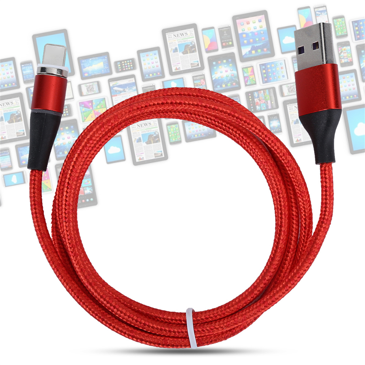 Rotes USB-Ladekabel. Es hat ein geflochtenes rotes Kabel und einen USB- und Lightning-Anschluss.