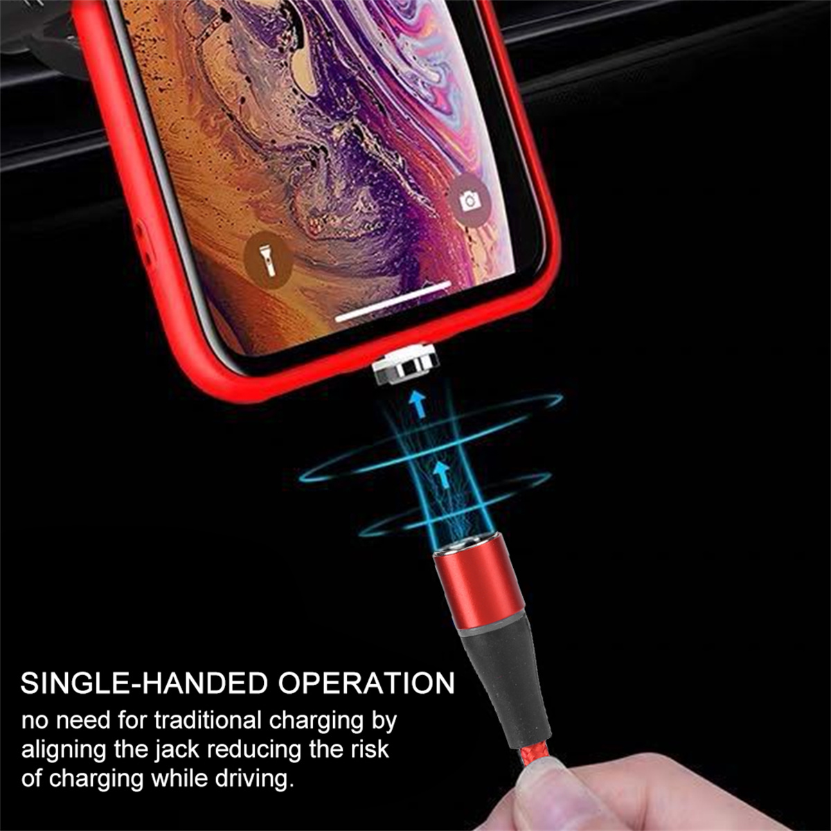 Rotes Gehäuse-Telefon, verbunden mit Ladegerät. Magnetisches Laden, keine Ausrichtung des Anschlusses.