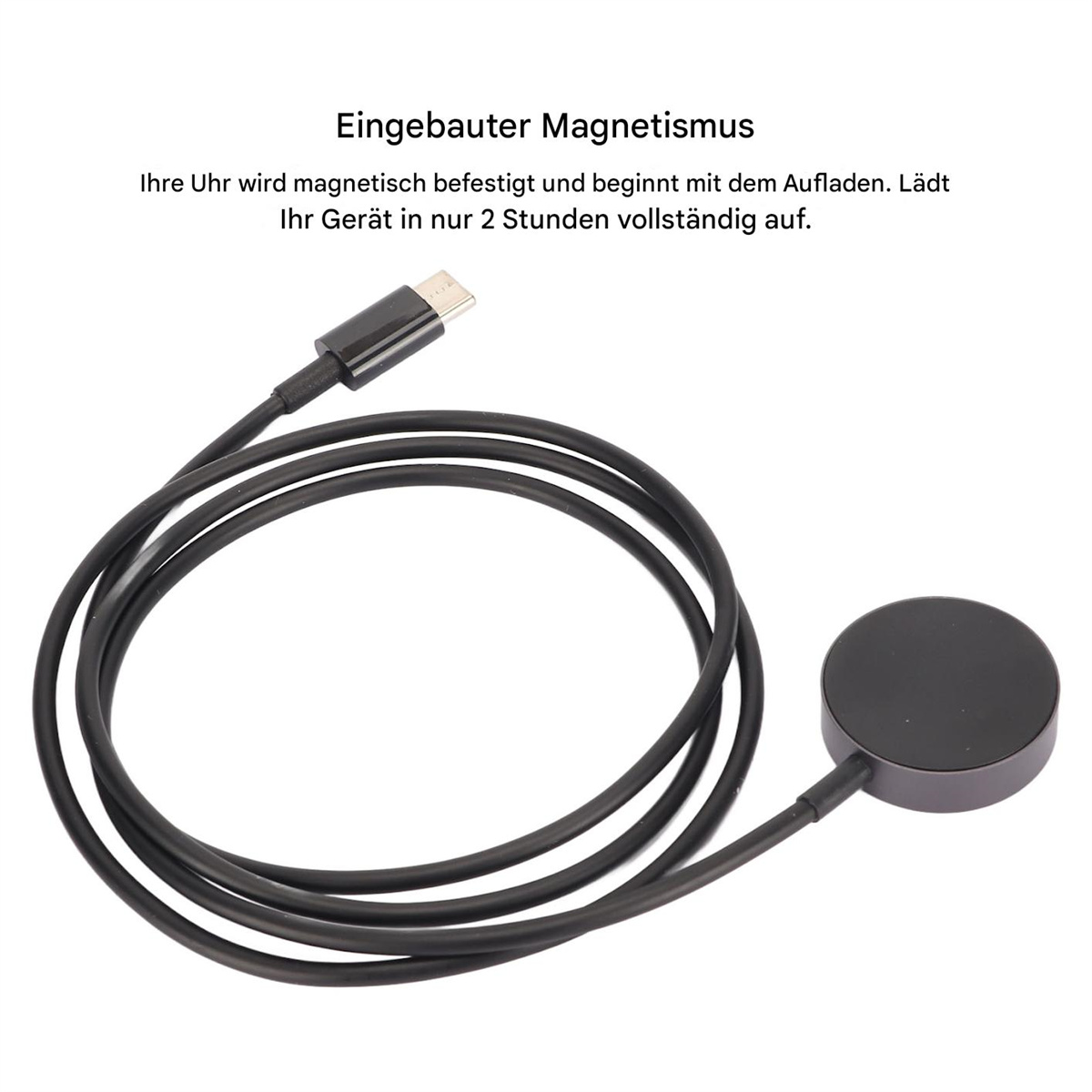 Schwarzes magnetisches Ladegerät für Smartwatch. Zeigt Kabel und Ladepad.