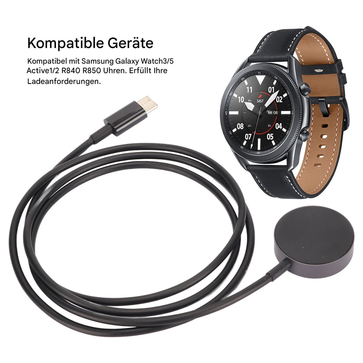 Eine Smartwatch mit Ladekabel und Ladepad. Die Uhr ist schwarz mit Lederarmband.