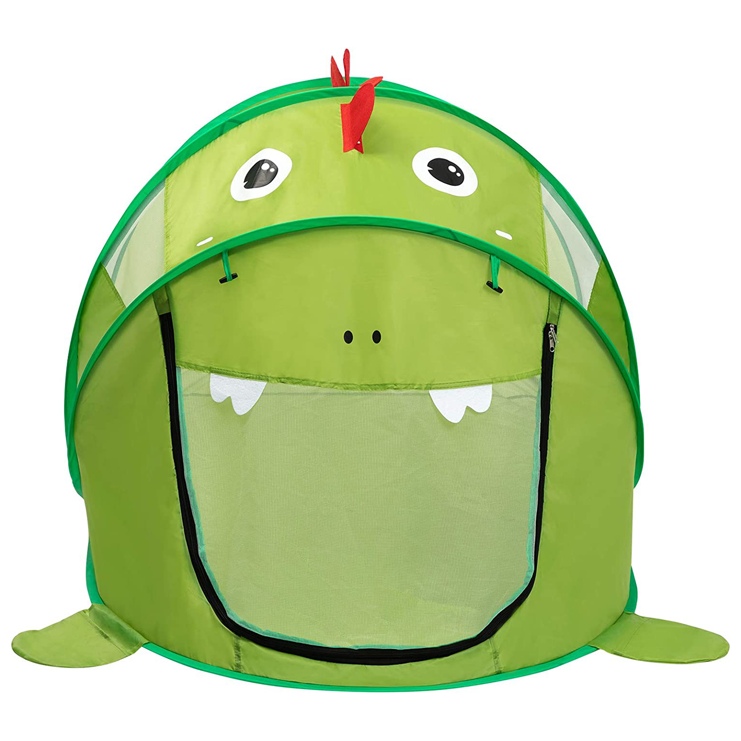 Tienda de juegos verde para niños con forma de dinosaurio de dibujos animados con ojos, dientes y cresta roja.