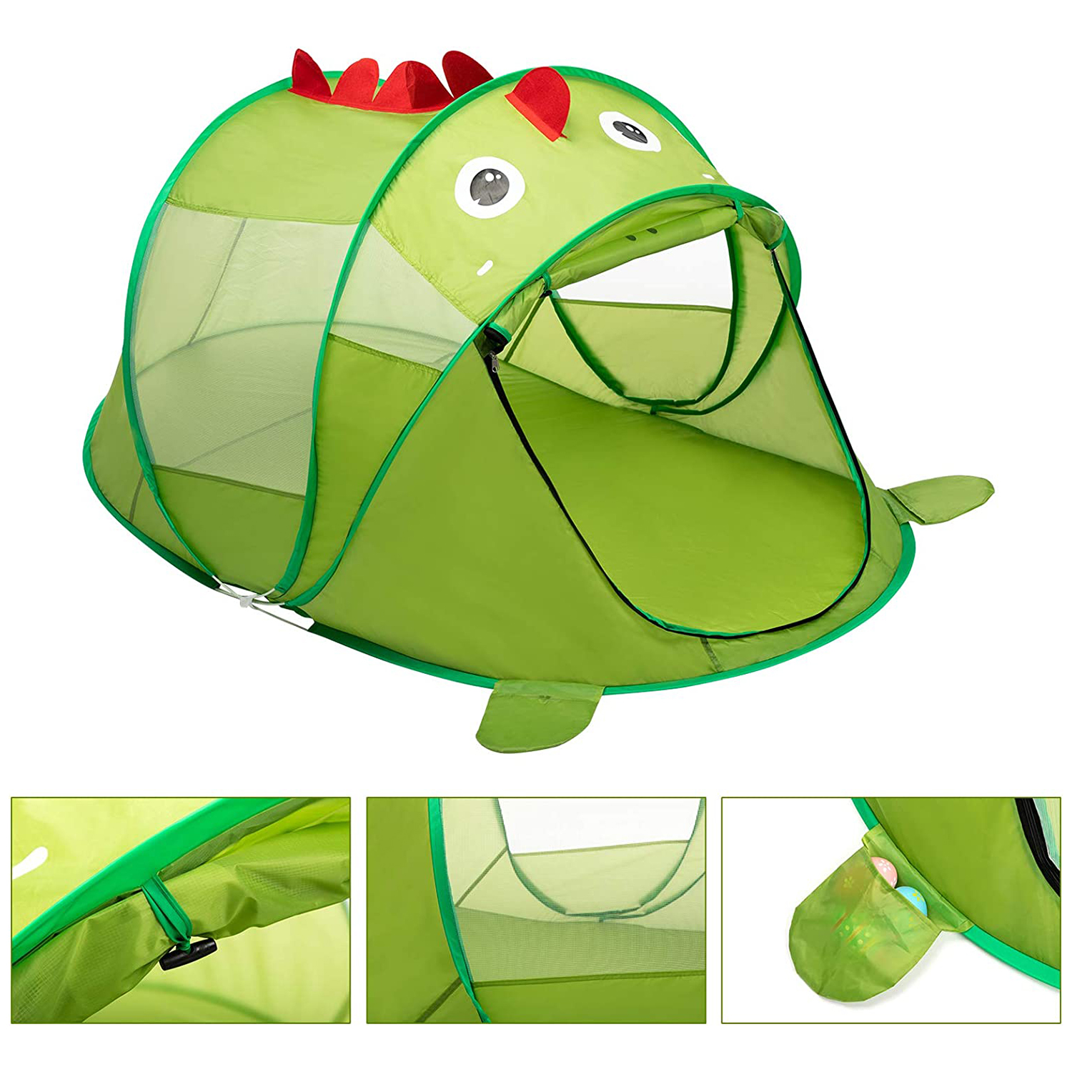 Una tienda de juegos verde con forma de dinosaurio, con ventanas de malla y tres detalles.