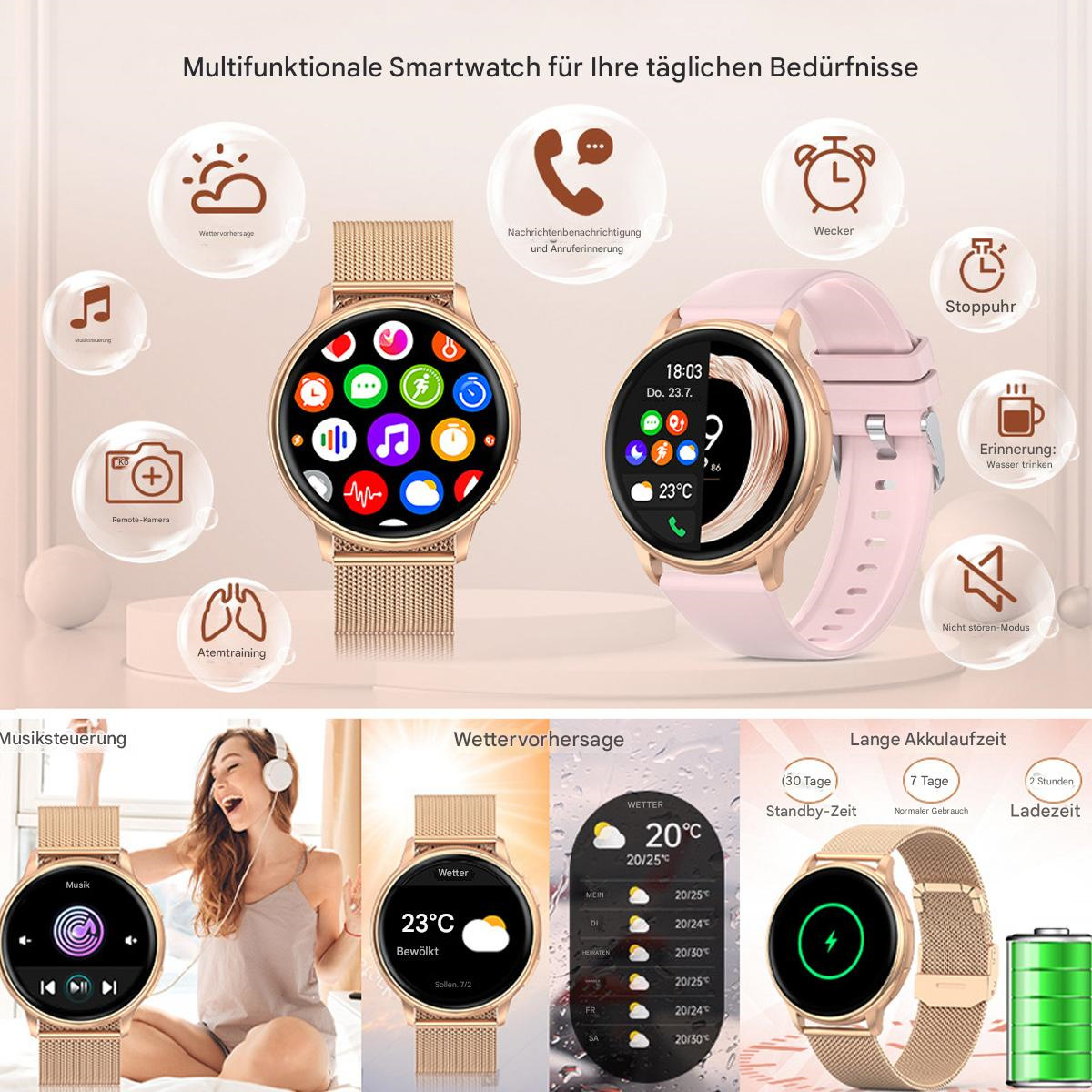 Zwei Smartwatches mit verschiedenen Zifferblättern. Symbole und Daten werden angezeigt.