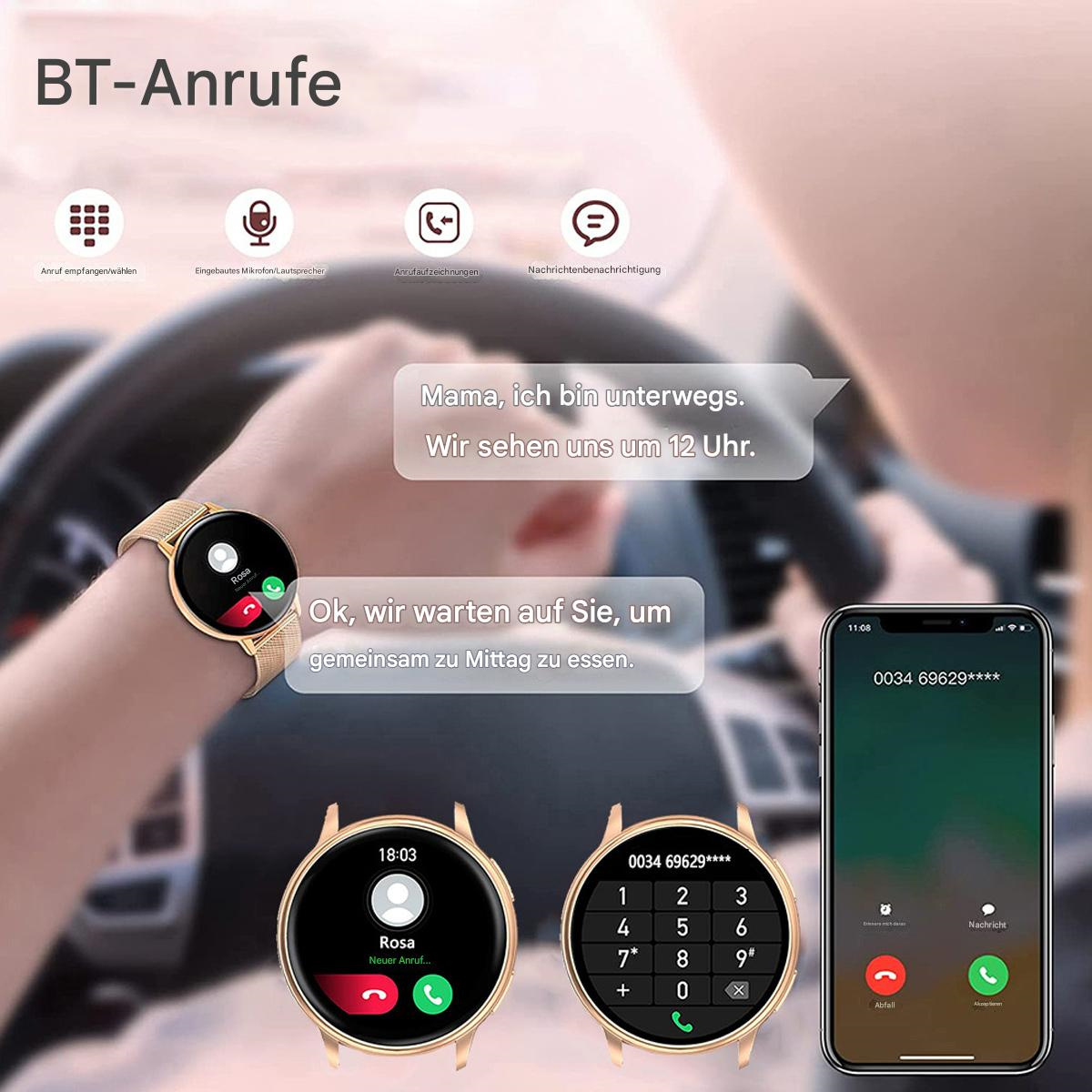 Smartwatch am Handgelenk, ein Telefon mit Anrufanzeige und ein Telefon mit Tastatur.