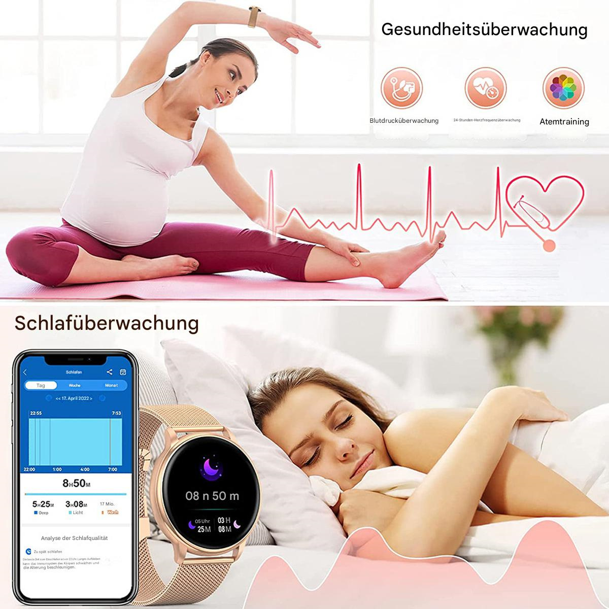 Frau trainiert, Smartwatch am Handgelenk, zeigt Schlaf- und Gesundheitsdaten.