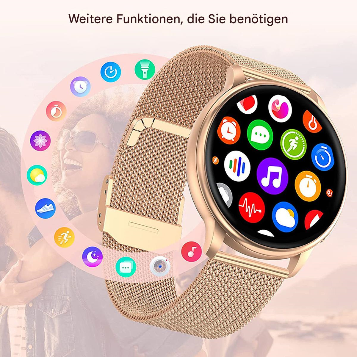 Smartwatch mit goldenem Armband, zeigt Symbole auf dem Bildschirm. Hintergrund hat Symbole und einen rosa Farbverlauf.