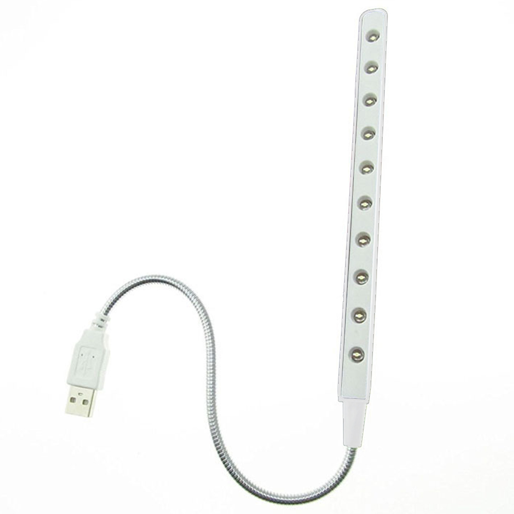 Weiße USB-Leuchte mit flexiblem Metallhals und LED-Leuchten. Am Ende befindet sich ein weißer USB-Anschluss.
