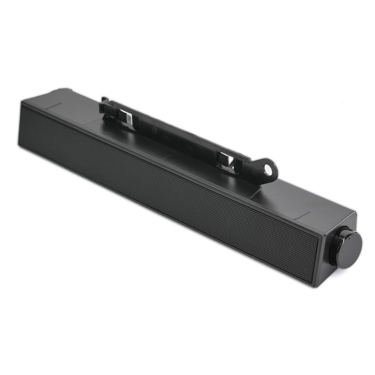 Soundbar nera con staffa. Il lato destro ha una manopola del volume. La parte anteriore ha una griglia.