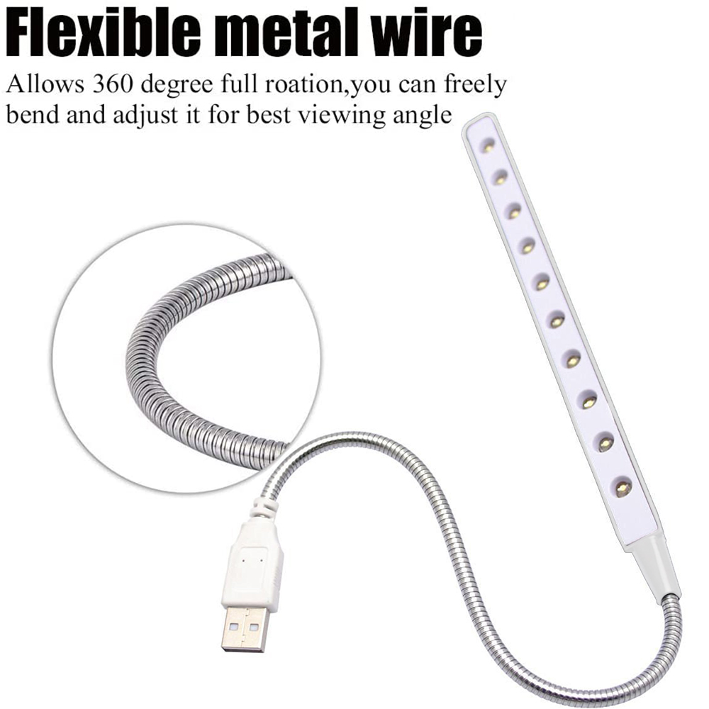 Eine flexible Metall-USB-Leuchte mit weißem Lichtstreifen, die die biegsame Struktur und den USB-Anschluss zeigt.