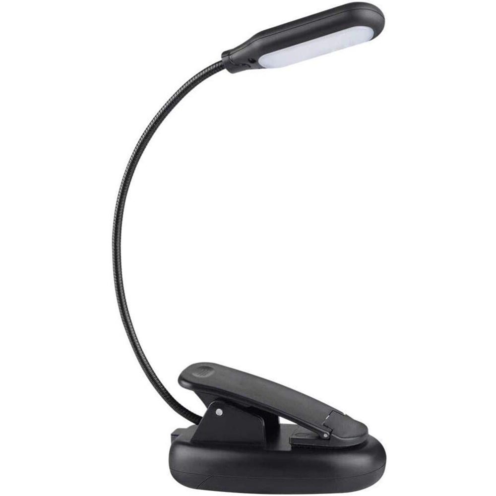 Schwarze Leselampe mit flexiblem Hals und Clip. Die Lampe befindet sich auf weißem Hintergrund zur Produktpräsentation.