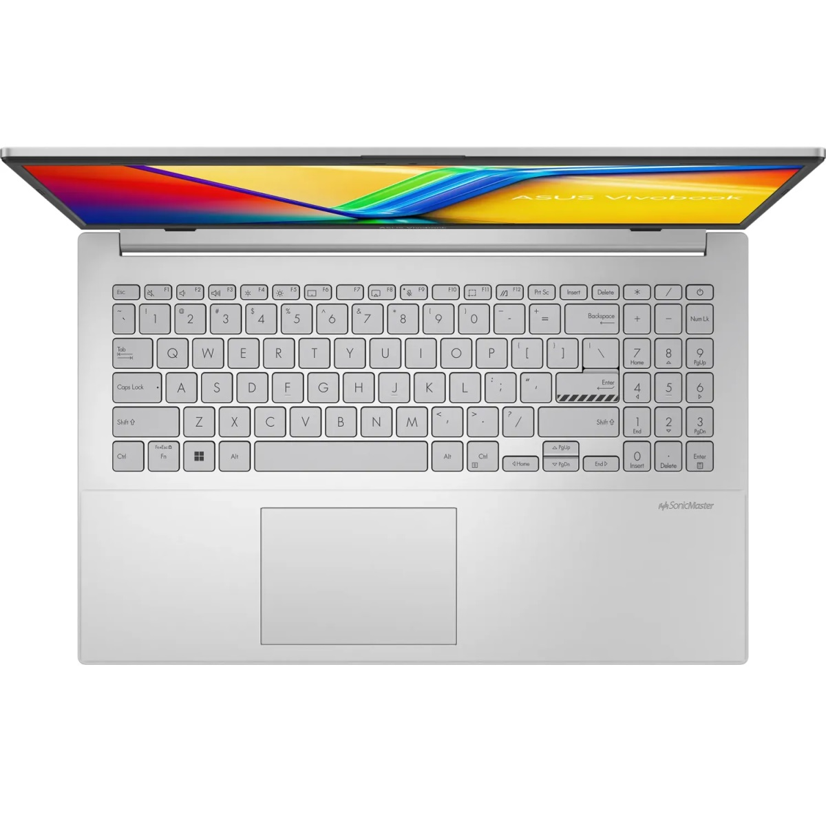 Ein silberner Laptop, der auf einer weißen Oberfläche geöffnet ist. Die Tastatur ist mit dem ASUS Vivobook-Logo sichtbar.