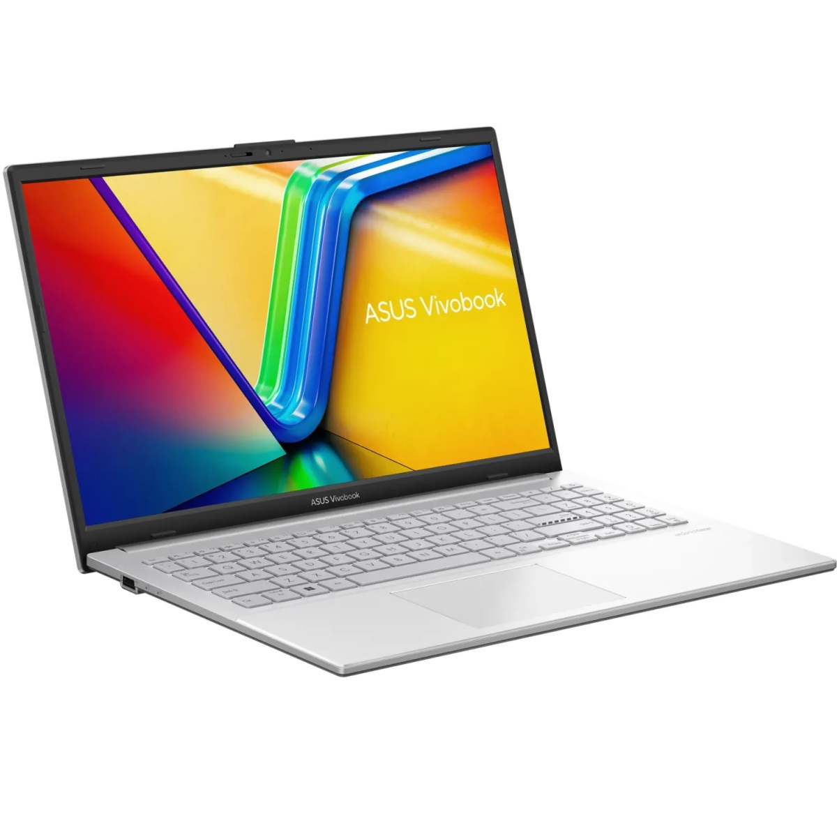 Ein silbernes Asus Vivobook-Laptop ist auf einer weißen Oberfläche geöffnet. Der Bildschirm zeigt eine farbenfrohe Grafik.