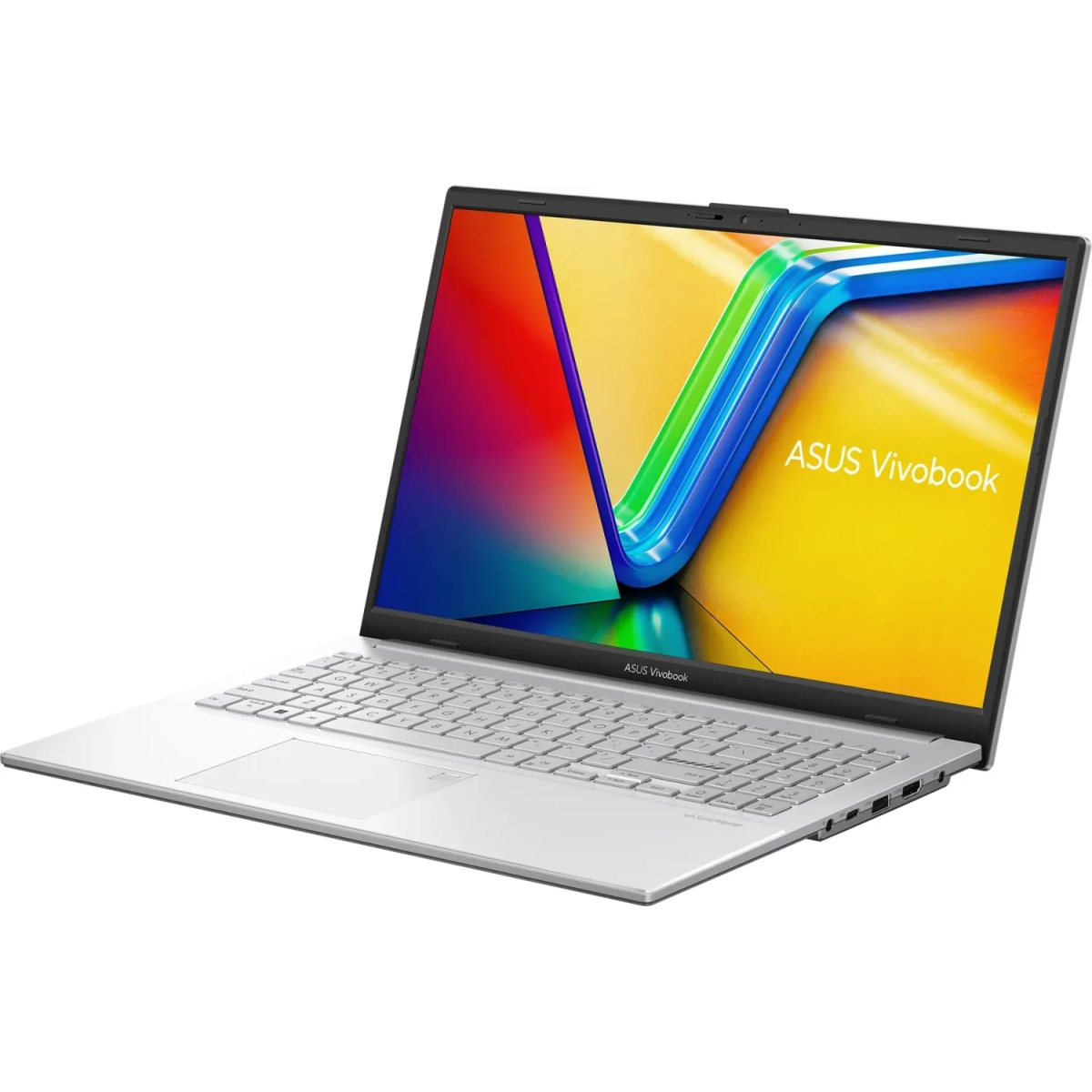 Silberner Laptop mit weißer Tastatur und farbenfrohem Bildschirm, geöffnet auf weißer Oberfläche.