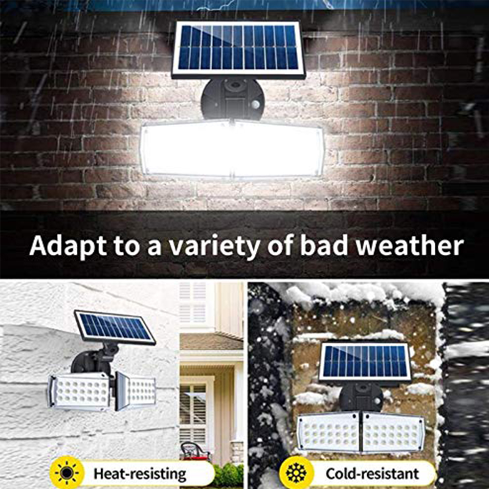 Solarpanel mit angebrachter Leuchte, gezeigt unter zwei Wetterbedingungen: sonnig und verschneit.