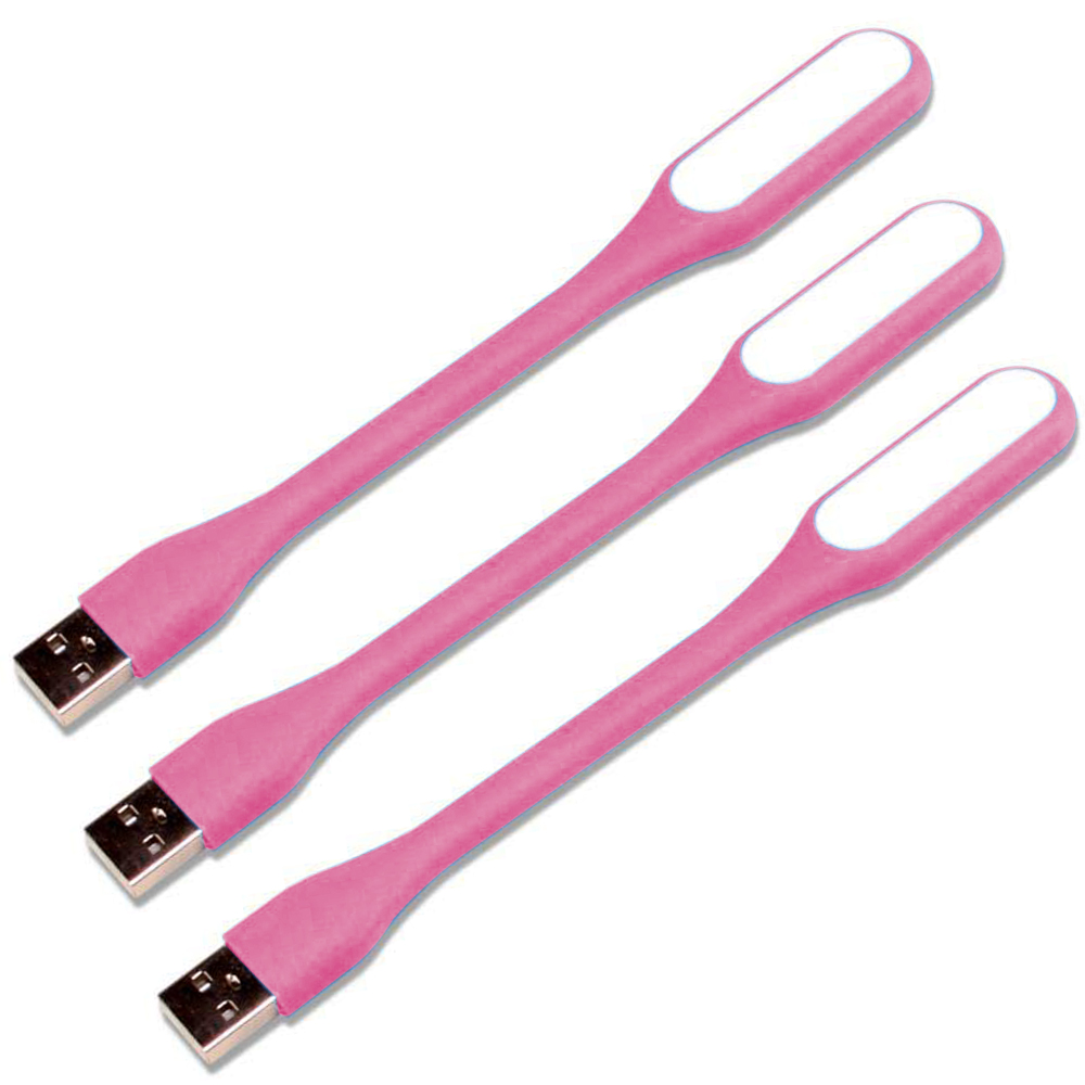 Drei rosa USB-LED-Leuchten mit weißem Lichtbereich auf einer weißen Oberfläche.