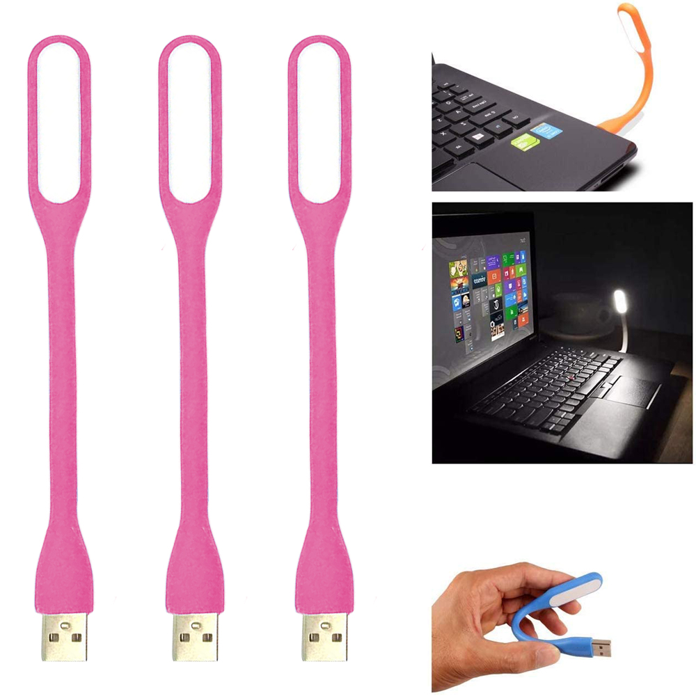 Drei rosa USB-Leuchten und drei zusätzliche Bilder, die die Leuchten in der Verwendung mit Laptops zeigen.