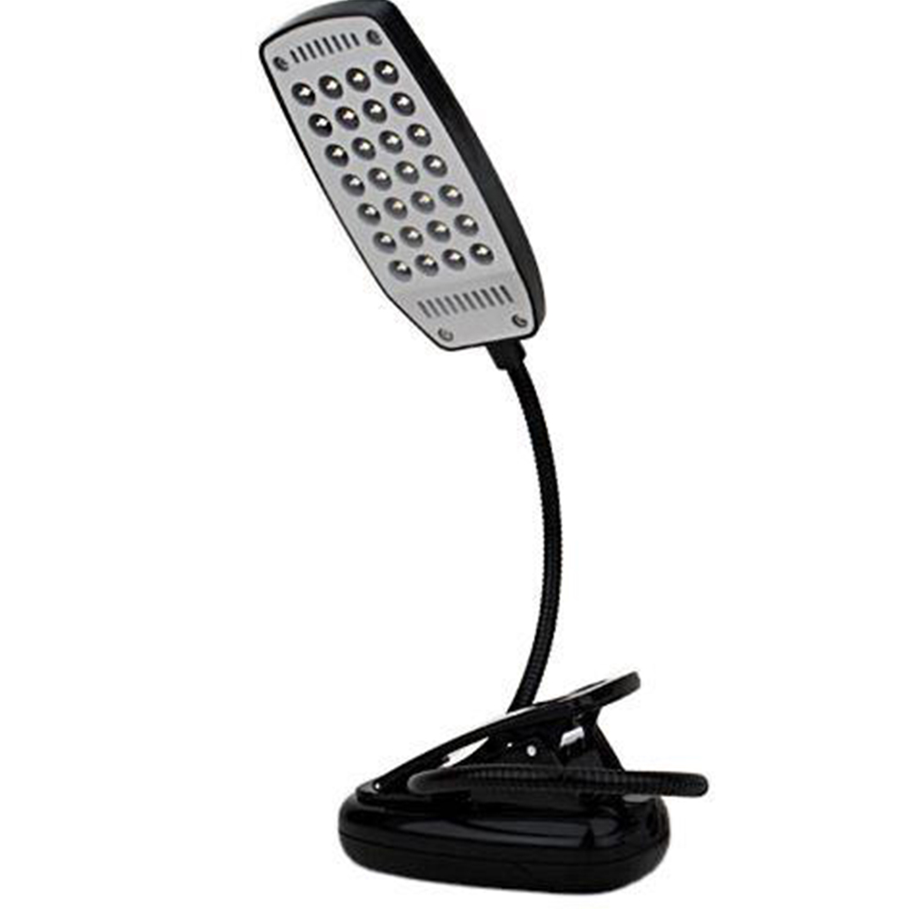 Eine schwarze LED-Leselampe mit flexiblem Hals auf weißem Hintergrund.