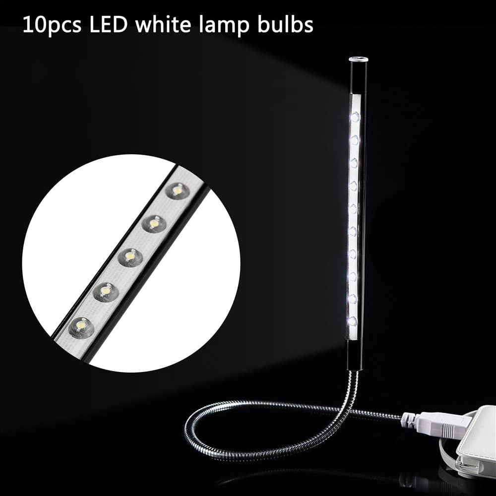 Ein flexibler LED-Streifen mit 10 weißen Lampen, USB-Anschluss und flexibler Halterung.