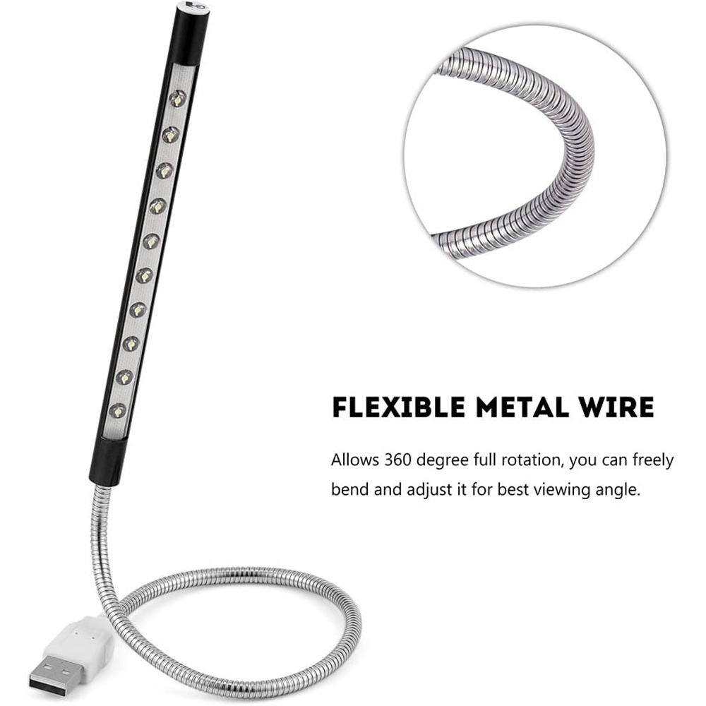 Schwarze LED-Leuchte mit flexiblem Metallkabel und USB-Anschluss. Das Kabel ist gewendelt und flexibel.