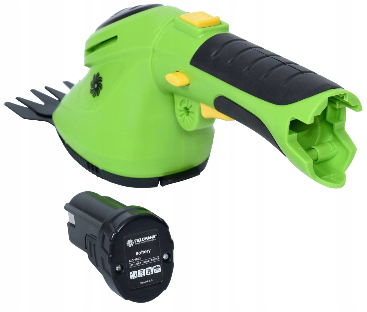 Tagliasiepi senza fili verde e nero e una batteria. La batteria è nera e ha del testo.