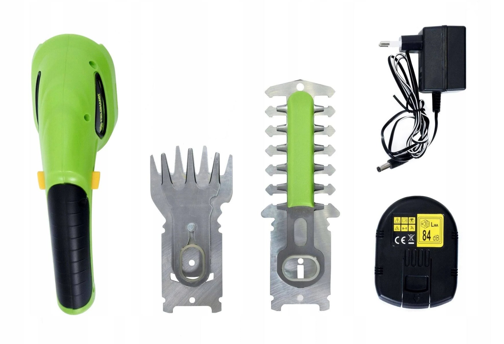 Tagliabordi portatile verde con lame e caricabatterie.