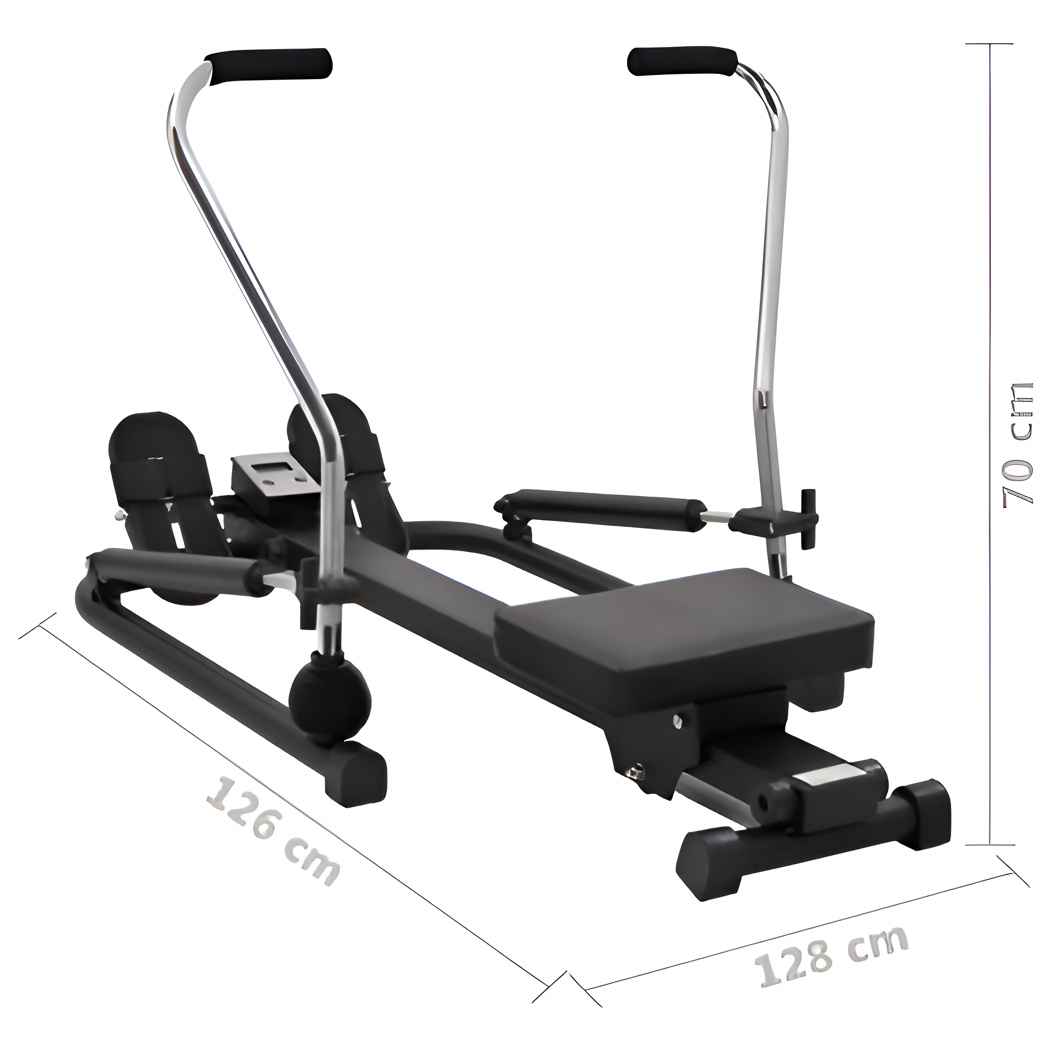 Rudergerät, schwarz und grau, mit den Maßen: 126 cm, 128 cm und 70 cm.
