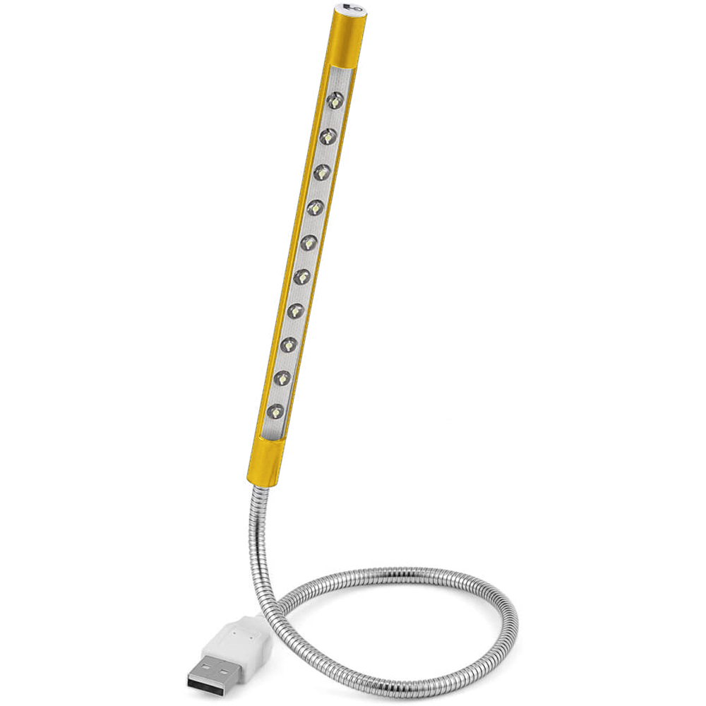 Eine flexible, gelbe LED-Leuchte mit USB-Anschluss und weißem Hintergrund.