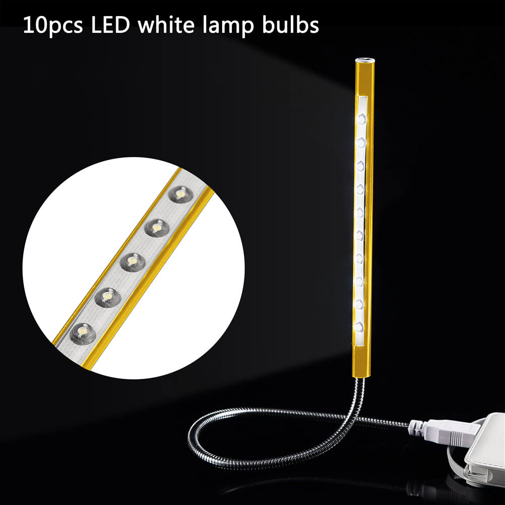 Goldene LED-Leuchte mit USB-Kabel und Nahaufnahme der LED-Leuchten.