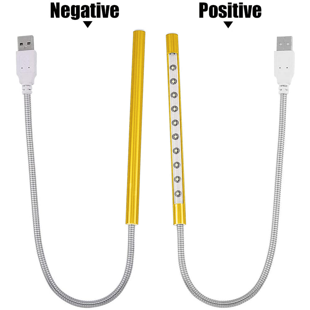 Zwei USB-LED-Leuchten, eine positiv und eine negativ, mit flexiblem Metallkabel.