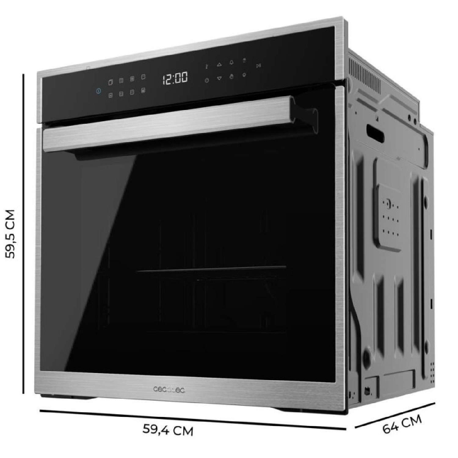 Horno de acero inoxidable con puerta de vidrio negro. Dimensiones: 59,5 cm alto, 59,4 cm ancho y 64 cm profundo.