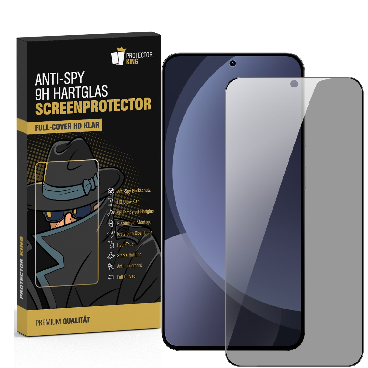 Ein Telefon und eine Schachtel mit Displayschutzfolie. Das Telefon ist schwarz und hat einen grauen Schutz.