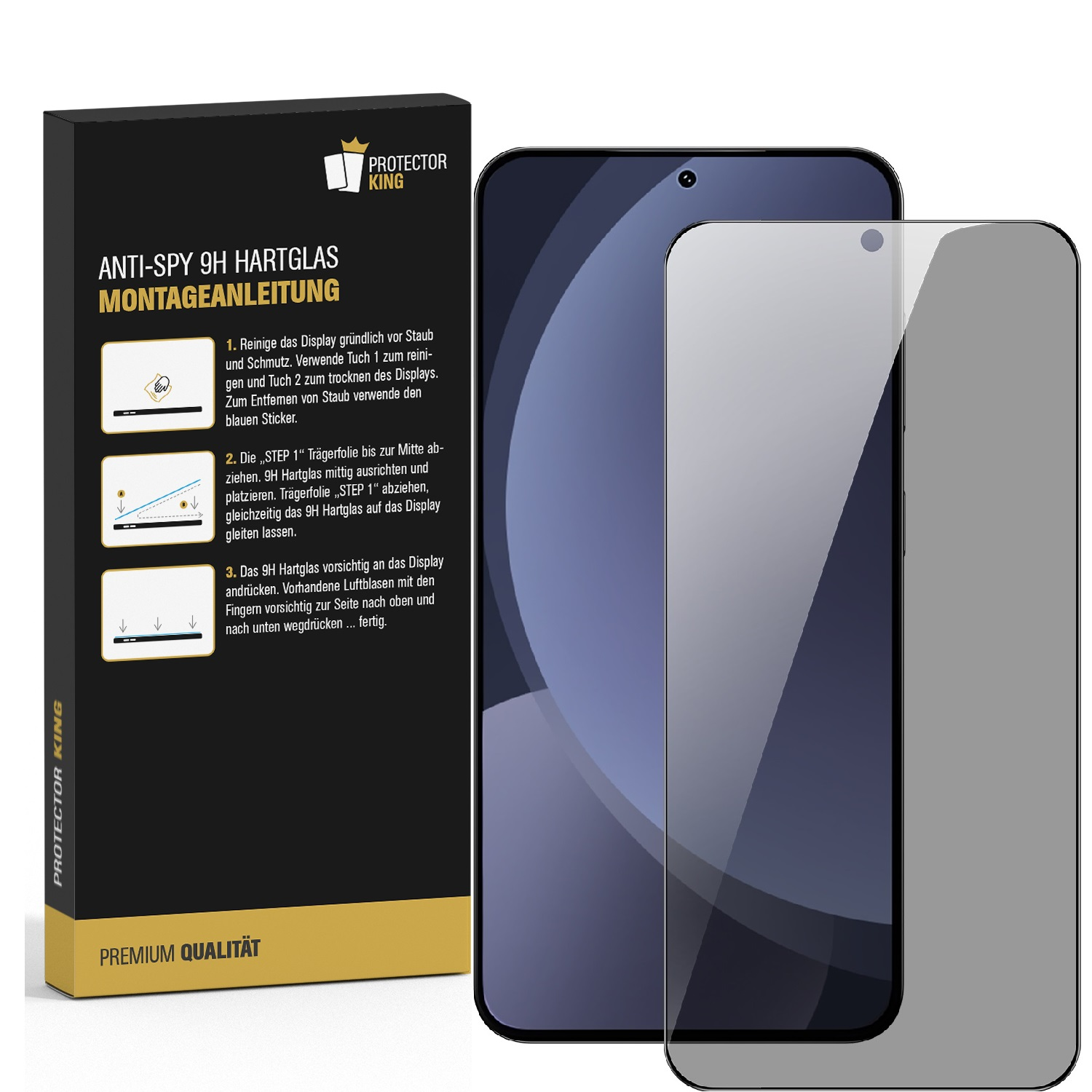 Displayschutzfolie für ein Telefon, Anweisungen und Telefon. Schwarze Displayschutzfolie. Weißer Hintergrund.